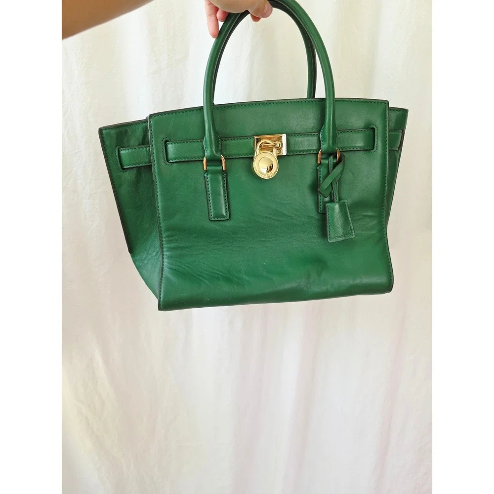 Michael Kors Hamilton Green Leather Satchel Gold Padlock Handbag Excellent